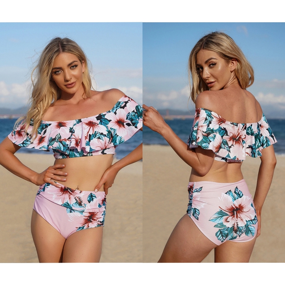 ❣️5 for $100 Albion Floral Off-Shoulder Bikini - Pink and Green